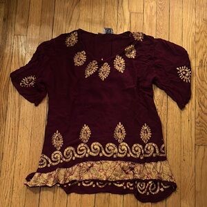 Mexicali Blues of Maine boho tunic in burgundy and gold embroidered size S
